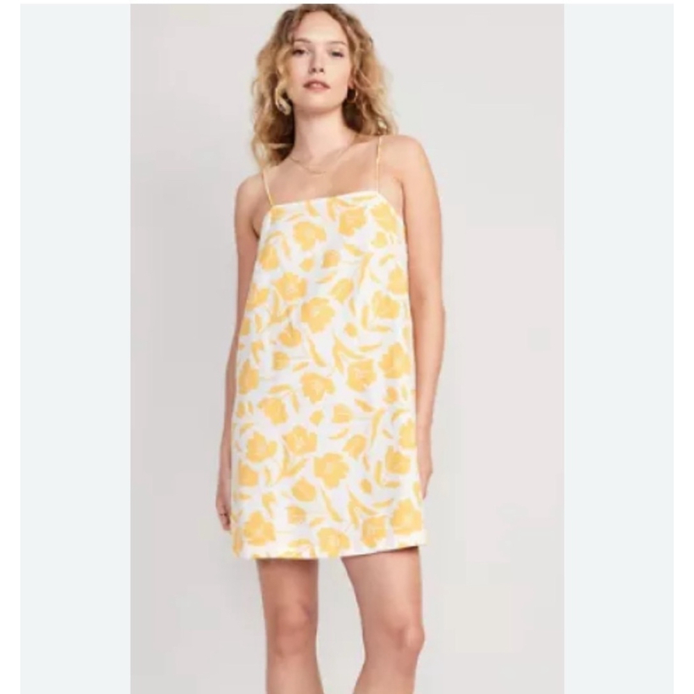 Old Navy Floral Print Linen Dress, Size XS Tall Yellow & White NEW NWT